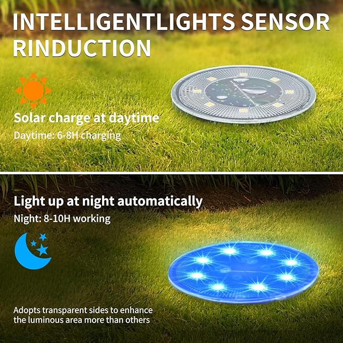Ground Lights 12 Pack, IP68 Waterproof Solar Disc Lights for Outdoor, Flat Garden Light, In-Ground Light, Landscape Lighting for Pathway, Walkway, and Yard-12 Pcs (Blue)