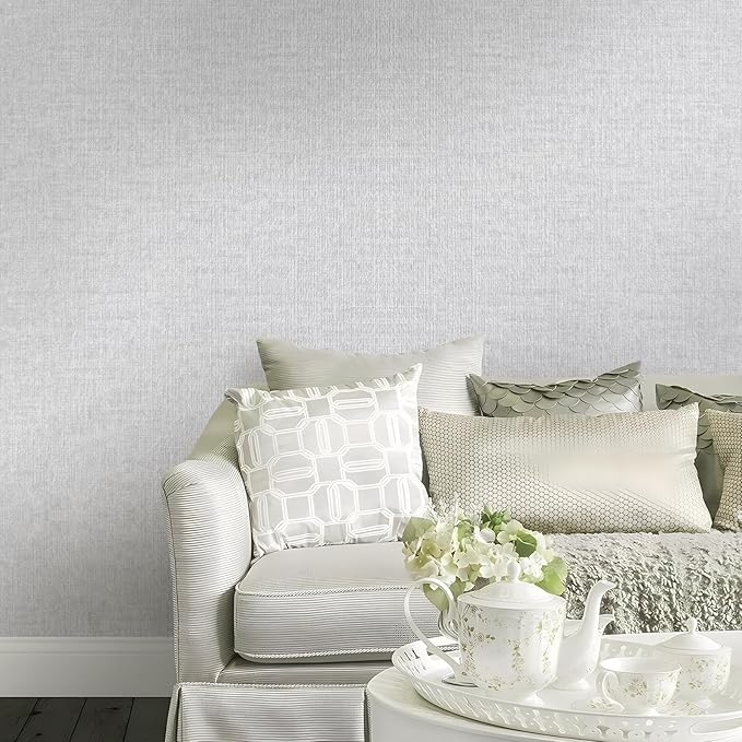 Light Grey Grasscloth Peel and Stick Wallpaper, Vintage Textured Contact Paper