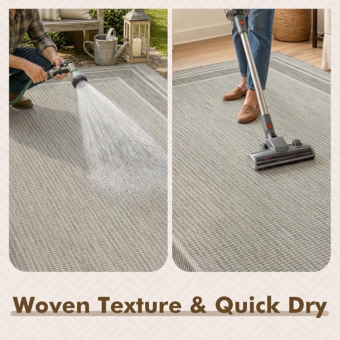 MontVoo-Outdoor Rug-Patio Rug 8x10 ft Polypropylene Indoor Outdoor Rugs Outdoor Carpet for Patio Deck Balcony Porch, Textured Weave, Durable for High Traffic, Fade-Resistant, Modern Silver Grey