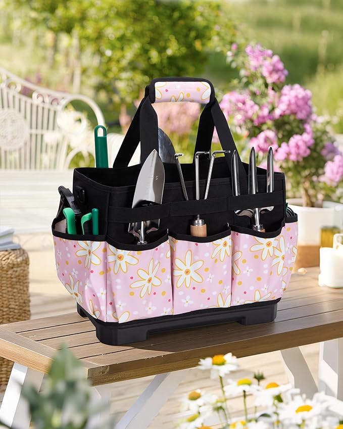 Marscamd Garden Tool Bag with Hard Bottom, Garden Tote with Shoulder Strap and Multiple Pockets (No Accessories Included), Pink Sunflower