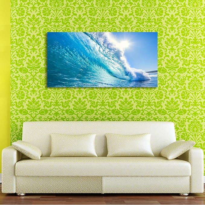 Haichuang Decor Art Ocean Wave Canvas Wall Art, 40x20 Inches Framed Turquoise Sea Wave Wall Decor, Wood Frame Waterproof HD Giclee Print, Ready to Hang Coastal Artwork for Living Room Bathroom Office