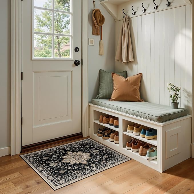 Area Rugs 2'x3' Kitchen Rugs Entry Rug Small Rugs for Entryway Kitchen Bathroom Door Mat Indoor Entrance,Washable Non Slip, Black Brown Neutral Dark Tan