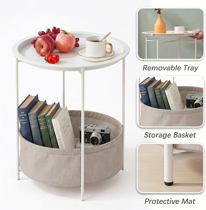VECELO Round Side/End Table with Fabric Storage Basket，Metal Anti-Rust and Waterproof Small Bedside Nightstand with Removable Tray Top for Living Room，Balcony & Laundry，Beige/2pcs with Basket