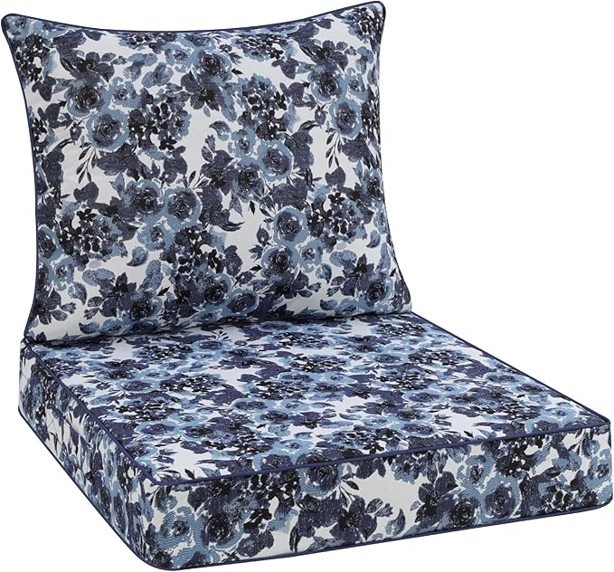 Favoyard Outdoor Seat Cushion 22 x 22 x 3 in Waterproof Pattern Fade Resistant Cover Removable Patio Furniture Cushions Deep Seat & Back Cushion Set with Adjustable Straps for Patio Chair Sofa Couch