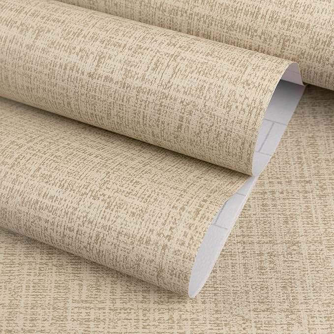 TANONE Khaki Contact Paper Peel and Stick Wallpaper, Grasscloth Beige Wallpaper