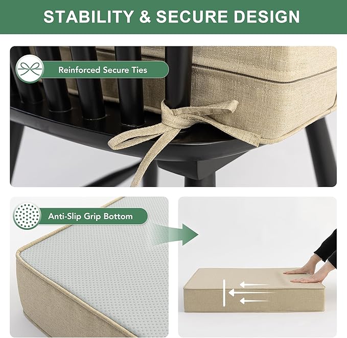 Summsun Outdoor Chair Cushions 22 x 22 Inch, Faux Linen Patio Furniture Cushions, Water Resistant Backrest and Deep Seat Cushion Set with Straps, Removable Cover, Non-Slip Bottom, Nature