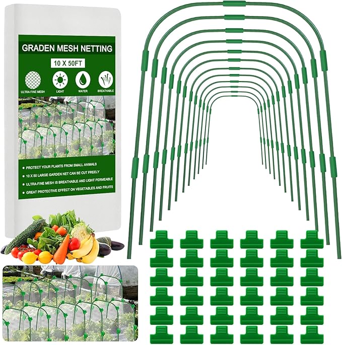 10 x 50ft Garden Netting Kit with 12 Hoops & 36 Clips, Ultra-fine Mesh Grow Tunnel for Raised Bed Vegetable Protection, Durable Pest Barrier for Garden Plants