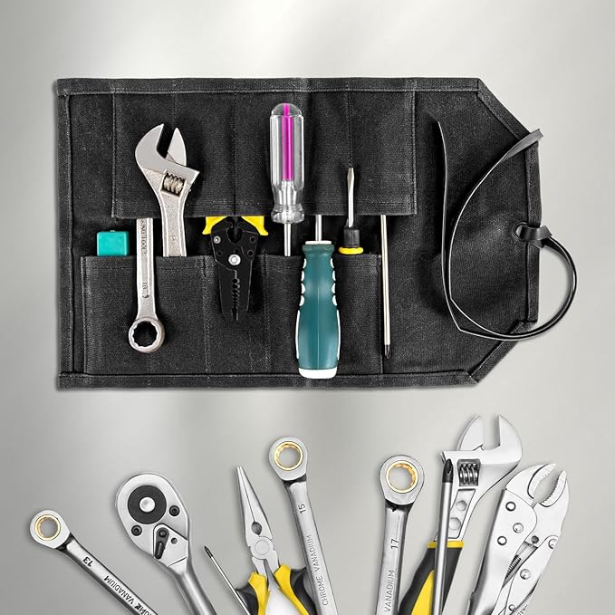 Tool Roll,10Slots Tool Roll Up Pouch,Heavy Duty Waxed Canvas Tool Roll Bag,Chisel Wrench Spanner Roll Tool Pouch with Leather Rope,Tool Roll Organizer for Mechanic Electrician Plumber Carpenter
