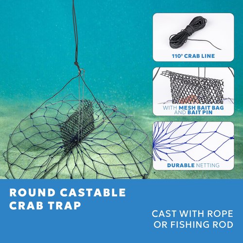 A1FISHER 2 Packs Round Castable Crab Traps Dia 24’’ with 110' Rope, PVC Mesh Bait Bag and Stainless Steel Bait Pin Kit