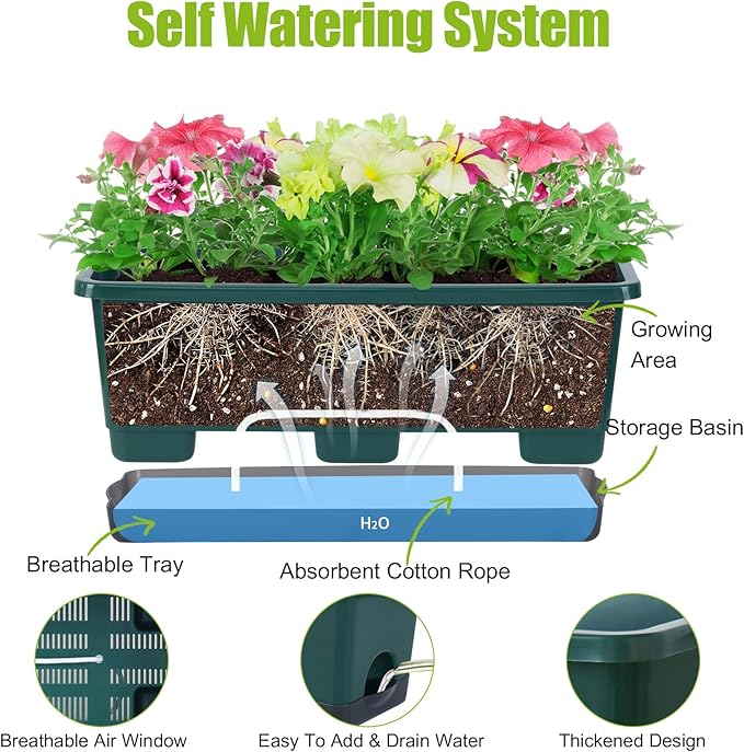 Oliz Window Box Planter 8 Pcs, 17 Inches Rectangle Flower Pots with Drainage Holes & Trays, Vegetable Planters for Windowsill Patio Garden Balcony Home Indoor Outdoor (Dark Green, 16 * 7 * 6 inch)