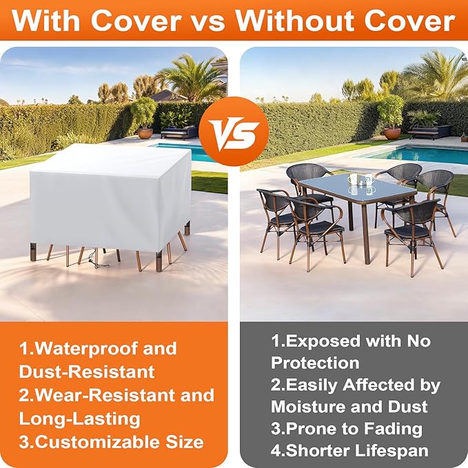 Patio Furniture Cover Rectangle 104"(L) x 48"(W) x 30"(H), Custom Heavy Duty 420D Waterproof Outdoor Cover with Drawstring & Buckles for Table Chair Garden, Silver