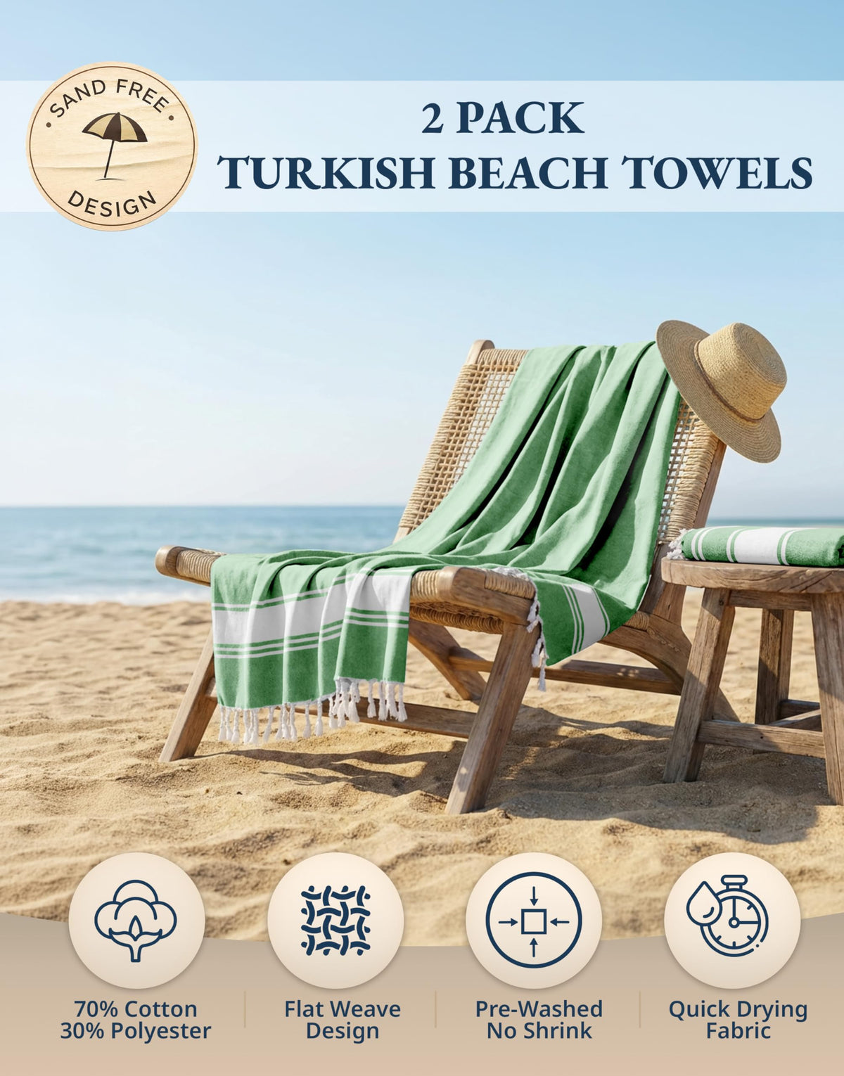 LANE LINEN Turkish Beach Towels, 2 Pack Extra Large Beach Towel, Pre-Washed for Soft Feel, Oversized Sand Free Quick-Dry Pool Towel, Beach Towels for Adults,39"x71" - Jade Green