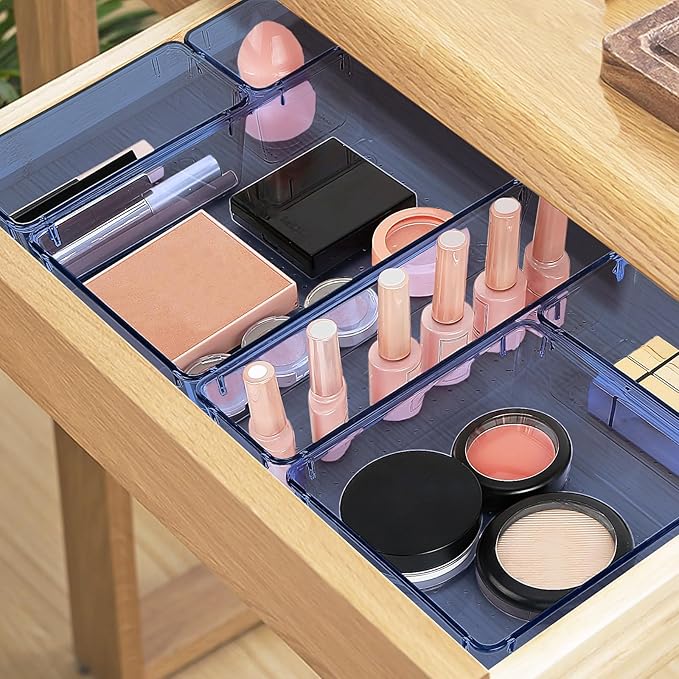 25 PCS Drawer Organizer Set, 5 Varied Size Bathroom and kitchen Drawer cabinet organizer Trays, Clear Storage Bins for Makeup, Jewelry, Utensils and Gadgets, Dark Blue