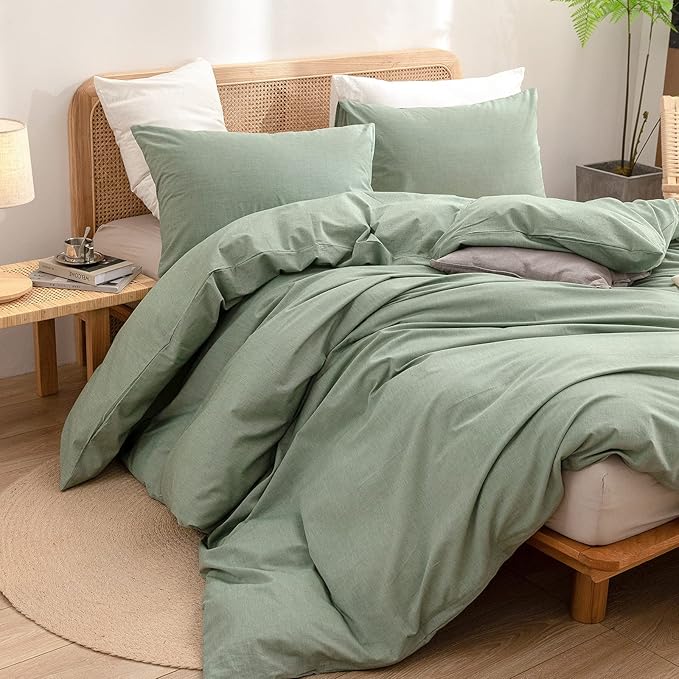 BESTOUCH Duvet Cover Set 100% Washed Cotton Linen Feel Super Soft Comfortable Chic Lightweight 3 PCs Home Bedding Set Solid Green Super King
