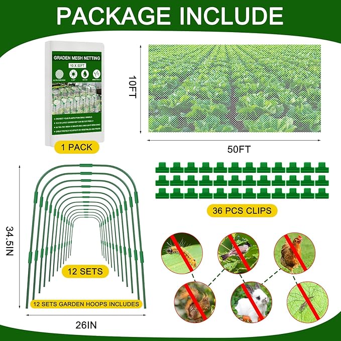 10 x 50ft Garden Netting Kit with 12 Hoops & 36 Clips, Ultra-fine Mesh Grow Tunnel for Raised Bed Vegetable Protection, Durable Pest Barrier for Garden Plants