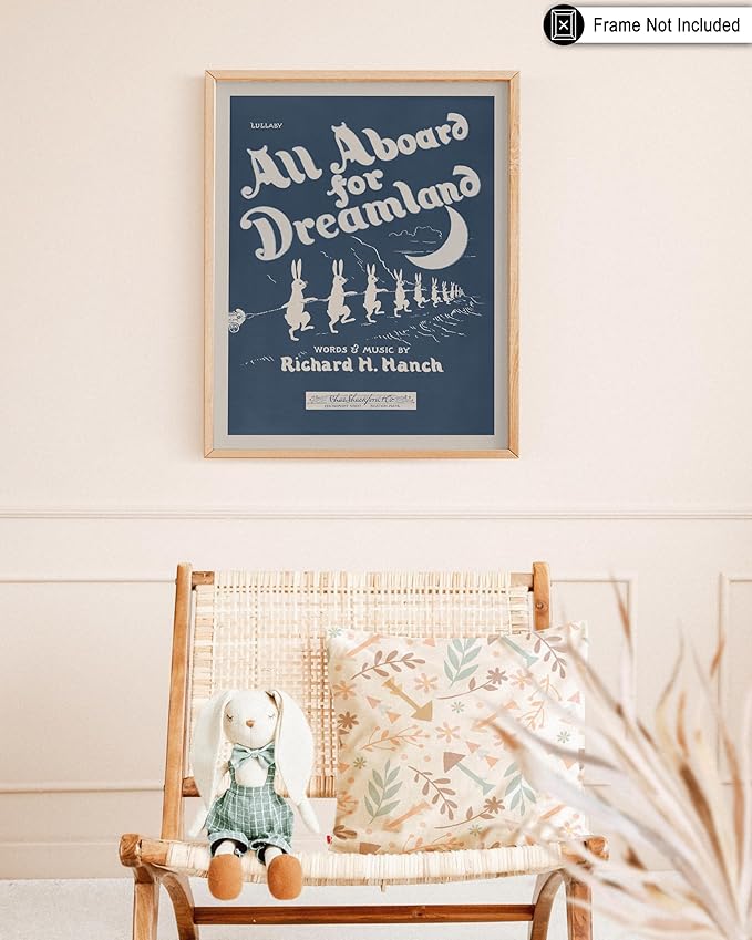 Poster Master All Aboard For Dreamland Poster - Retro Children's Lullaby Print - Story Book Art - Bunny Art - Rabbit Art - Aesthetic Art - Kid's Bedroom or Nursery Wall Decor, 24x32 Unframed Wall Art