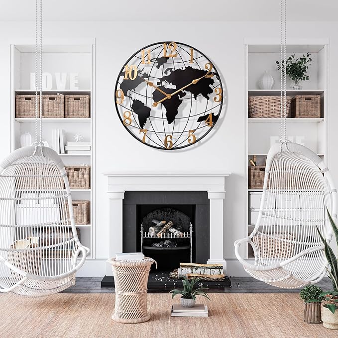 Large World Map Wall Clock, Metal Minimalist Modern Clock, Round Silent