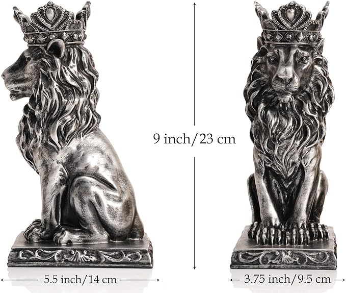 Lion Statue Decoration 9 inch Resin, Antique Silver Crown Lion Statue Man Home Office Desk Table Shelf Decoration, Men Father Leo Lion Gift