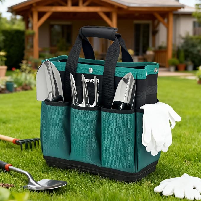 GrenPRO Garden Tool Bag Molded Bottom, Heavy Duty Tool Tote Toolbox with 10 Pockets, Reinforced & Top Snap Closure for Gardening Tools Storage, Dark Green(Tools Not Included)