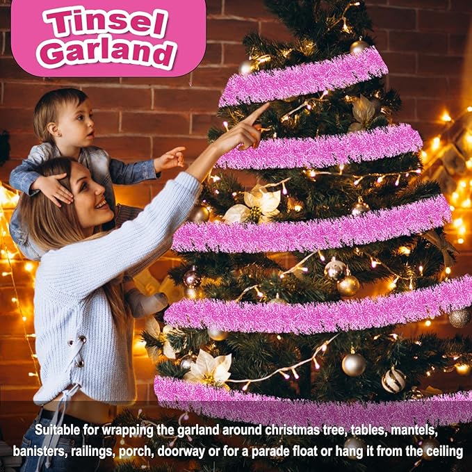 25 Feet Christmas Foil Fringe Banner Metallic Tassle Garland Metallic Backdrop Parade Floats Shiny Hanging Ceiling, Valentine's, Wedding, New Year Party Decorations(4" x 25', Macaron Pink)
