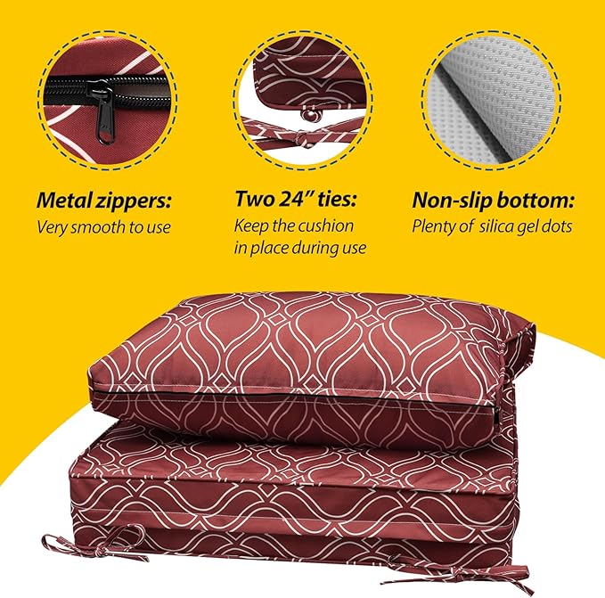 AAAAAcessories Outdoor Seat Cushions for Chairs, Fade-Resistant, Waterproof Patio Furniture Replacement Cushions, 23" x 23" x 5" + 23" x 13.5", Clay Red Vine Trellis