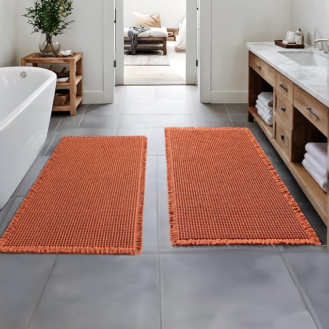 MIULEE Orange Set of 2 Waffle Bathroom Runner Rugs, Boho Bath Rug Non Slip Washable, Super Absorbent Runner Bath Mats, Rubber Backed Shower Mat for Hallway Bedroom Laundry Room, 2'x4'(24x48 Inch)