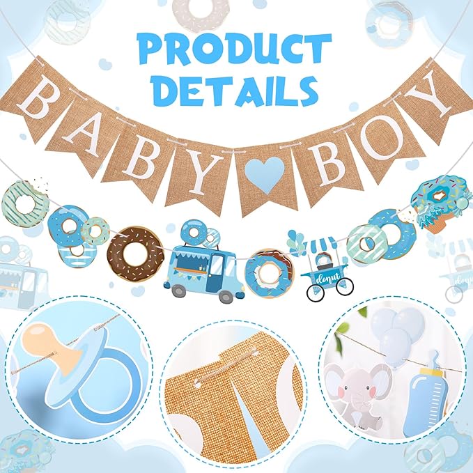 2 Pcs Baby Boy Shower Decorations Pre-Strung Baby Boy Burlap Banner and Donut Toy Banner for Gender Reveal Birthday Party Decorations