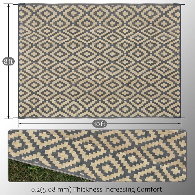 SAND MINE Reversible Mats, Plastic Straw Rug, Modern Area Rug, Large Floor Mat and Rug for Outdoors, RV, Patio, Backyard, Deck, Picnic, Beach, Trailer, Camping (8' x 10', Grey Tan Lattice)