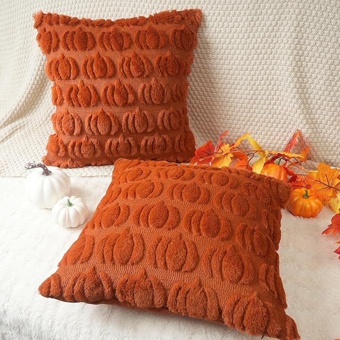 GEEORY Fall Pillow Covers 18 x 18 Inch Set of 2, Fall Decorations Pumpkins Soft Plush Fluffy Faux Fur Wool Decorative Autumn Thanksgiving Farmhouse Cushion Case for Sofa Rust GC001-18