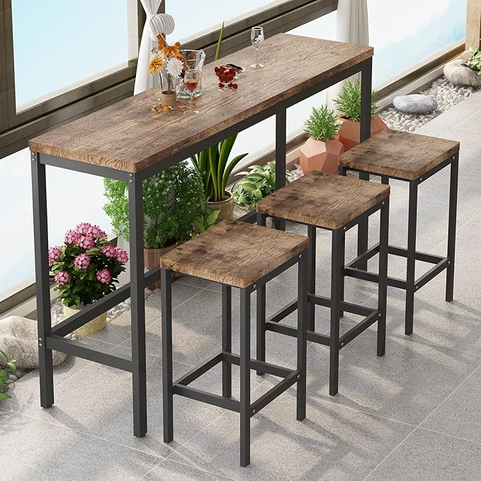 Harper & Bright Designs 4-Piece Dining Table Set, 60.2" L Solid Wood Dining Table with 3 Stools and Metal Frame for Kitchen Dining Room, Natural