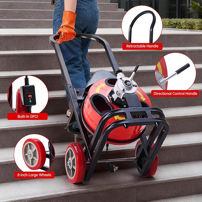 Drain Augers,50FT Steel Core Cable,CW/CCW Switch,Forward Reverse Control,Quick Replaceable Cutters -Electric Sewer Snake for 1"-4" Pipes,250W Motor Speed 1700 RPM,Air-Activated Foot Control