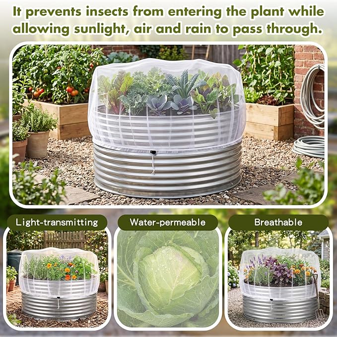 Woanger 3 Pack Garden Netting for Raised Beds Fine Mesh Plant Cover with Drawstring for 2 ft Dia x 1 ft Round Raised Beds Animal Barrier for Bird Pest Vegetables Fruits Flowers