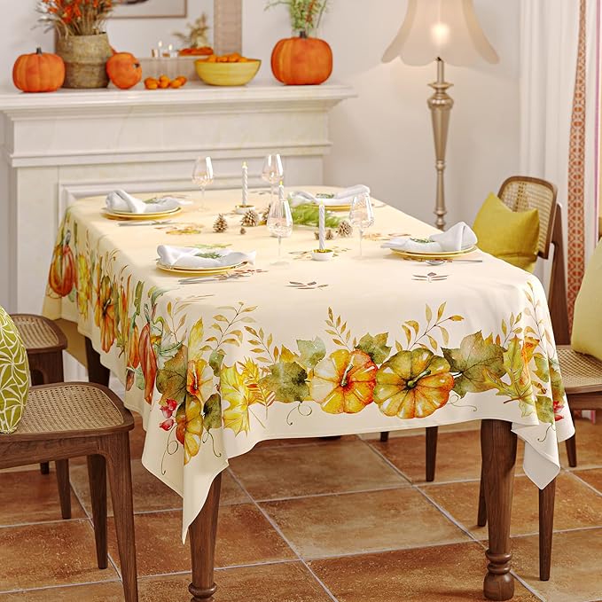 Fall Tablecloth Rectangle 60x84 Inch, Autumn Thanksgiving Harvest Orange Pumpkin Table Cloth Washable Spillproof Table Cover for Halloween Party, Picnic & Dinner Decor