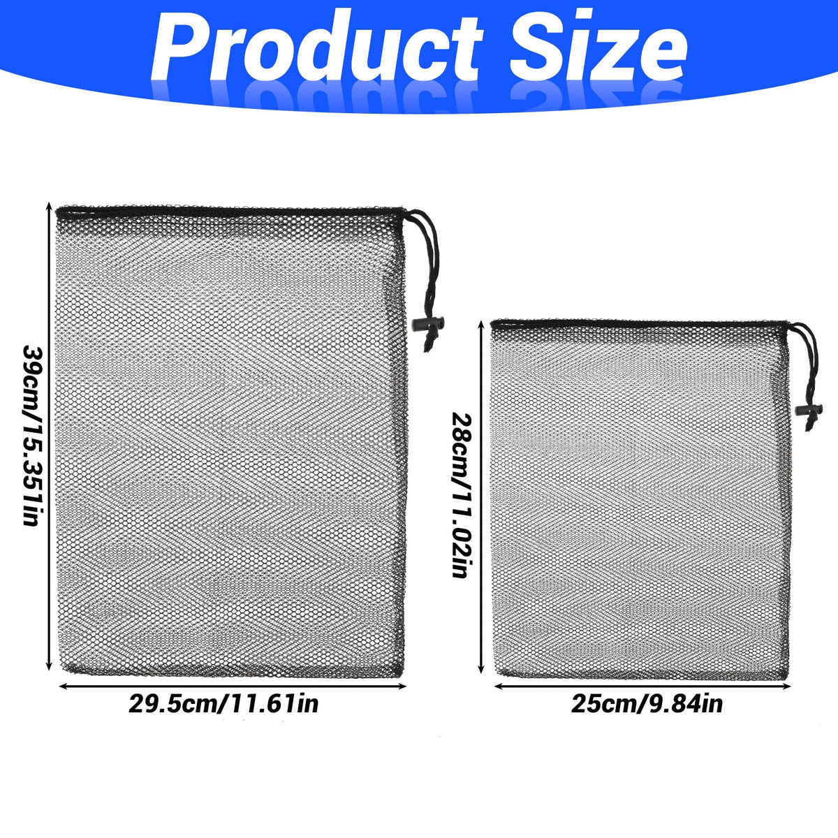 Thinp 2 Pcs Golf Ball Mesh Bag With Drawstring - Nylon Bag for Pool Toys, Tennis Balls (2 Sizes, Black)