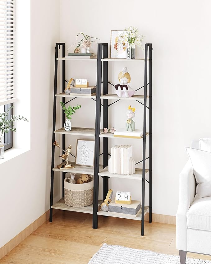 Ladder Shelf, Bookshelf Bookcase, Freestanding Corner Storage Shelve with 2 Hooks for Home Office, Living Room, Kitchen, Bedroom, Industrial, 11.8" D x 17.3" W x 63" H, Greige BC19205B