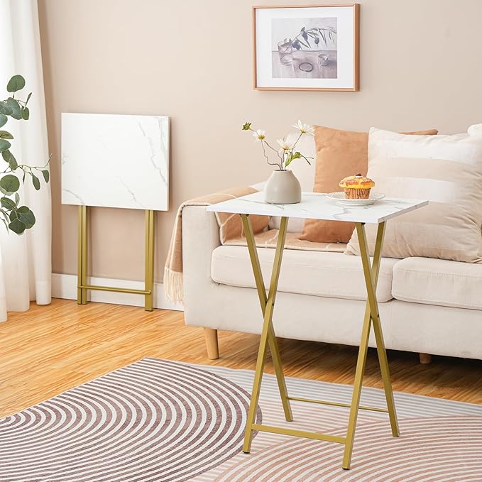 HOOBRO Folding TV Tray Tables, Set of 2 Side Table for Small Space, Industrial Snack Tables for Eating at Couch, Stable Metal Frame, Easy Assembly, Space Saving, Marble and Gold DM25BZ01