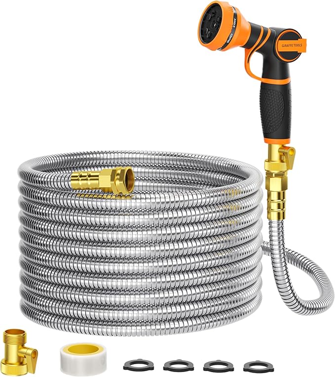 Giraffe Tools Garden Hose 75ft x 5/8", 304 Stainless Steel Metal Water Hose, No Kink Garden Water Hose with 9 Pattern Spray Nozzle, Flexible, Lightweight, Kink Free Hose for Yard, Outdoor