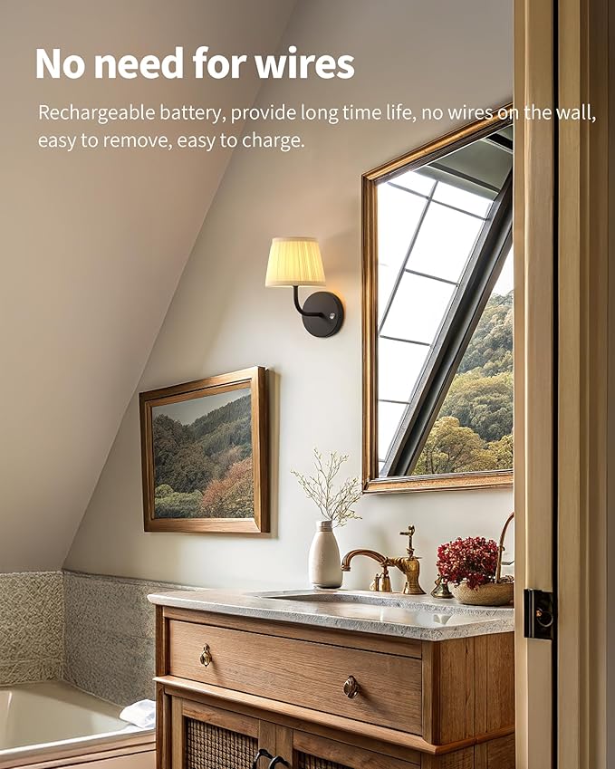 PUSU LED Cordless Black H9.6 inch Small Wall Sconces Set of 2, Rechargeable