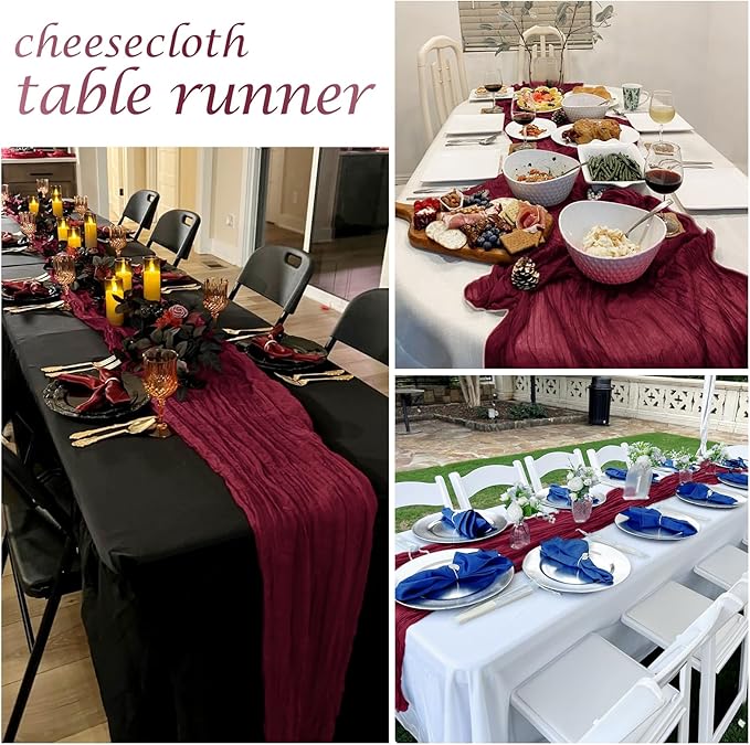 12 Pack Burgundy Red Cheesecloth Table Runner 17 x 108 Inch Gauze Table Runner Fabric Semi Sheer Cheese Cloth Table Decor Bulk for Rustic Romantic Wedding Baby Shower Table Decoration