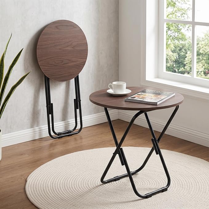 VECELO Patio Outdoor Side Table Set of 2,17.7 inch Small Folding Table Round Waterproof Wood Table,Foldable Anti-Rust Metal Legs Snack Desk for Garden Balcony,Yard,Living Room