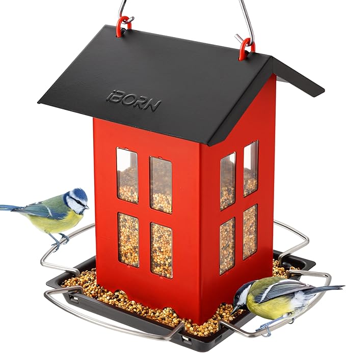 iBorn Bird Feeder House, Metal Bird Feeders for Outdoors Hanging,Double-Sided Metal Hanger & Weatherproof, Easy to Clean & Refill, 2.2 Lbs Capacity, Red