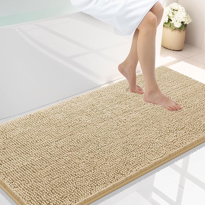 Smiry Luxury Chenille Bathroom Rugs 47x24, Extra Soft and Absorbent Shaggy Bath Mat, Machine Washable, Non-Slip Plush Carpet Runner for Tub, Shower, and Floor, Home Decor Accessories, Beige