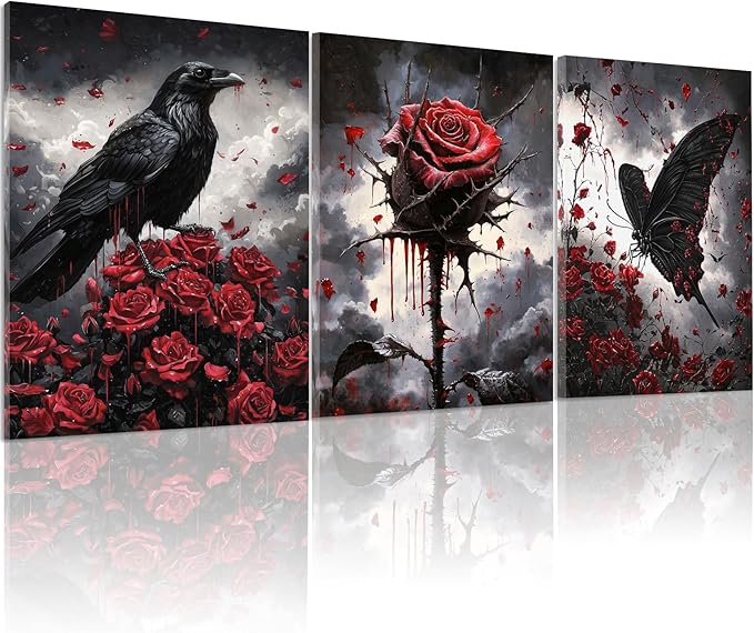 Framed Gothic Wall Art, Romantic Goth Decor, Spooky Dark Crow Flower Butterfly Aesthetic Pictures Decor for Bedroom Living Room Home(Framed, 12x16in, Set of 3, Ready to Hang)