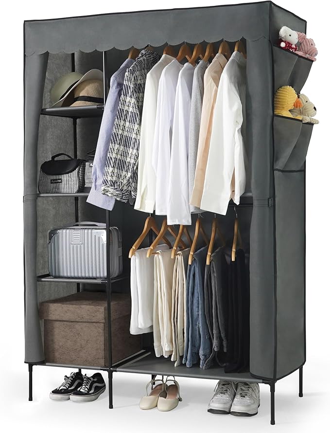 CAPHAUS 44-Inch Clothing Rack with Cover, Portable Closet Wardrobe, Covered Garment Rack for Hanging Clothes, 230LB Capacity Heavy-Duty Metal Frame Clothes Organizer Rack with Storage Shelves