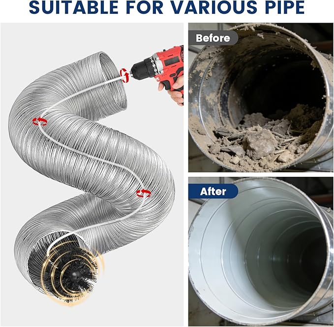 HOKLNUSE Dryer Vent Cleaner Kit Ducts Cleaning Kit for Dryer Air Duct HVAC Vent Fireplace Chimney Pellet Stove Gutter Downspout Dryer Vent Lint Removers with 1.5" 4" 6" Brush Heads (25 Feet)
