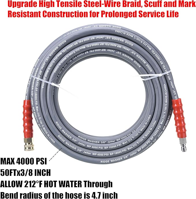 RIDGE WASHER Pressure Washer Hose 50 Feet X 3/8 Inch for Hot and Cold Water, with M22 14 mm to 3/8 Inch Quick Connect, 4000 PSI