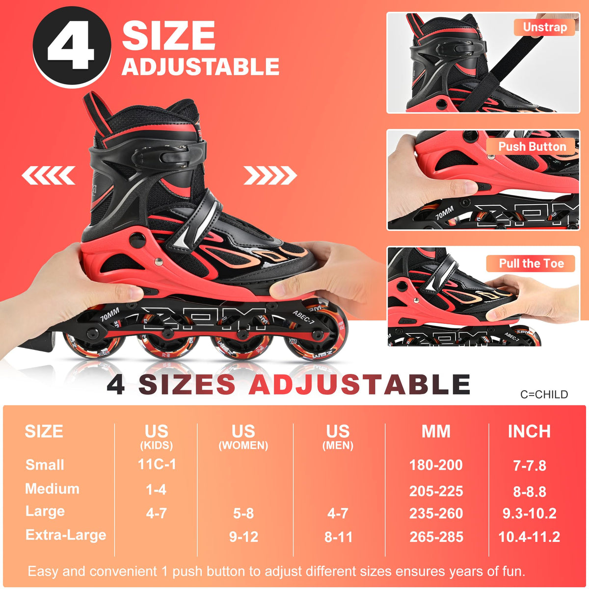 2PM SPORTS Vinal Inline Skates for Girls Boys Kids Ages 5-8 8-12 with Adjustable Illuminating Wheels, Inline Roller Skates for Youth Women Men - Red Large