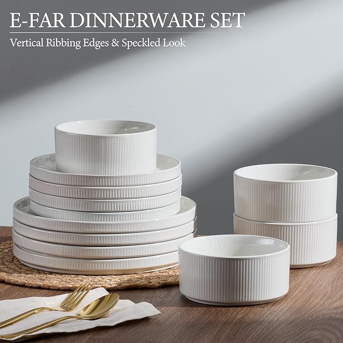 E-far Stoneware Dinnerware Sets, 18-Pieces Modern Plates and Bowls Sets, Kitchen Dinning Porcelain Dishes Set for 6, Chip & Scratch Resistant, Dishwasher & Microwave Safe, Speckled White