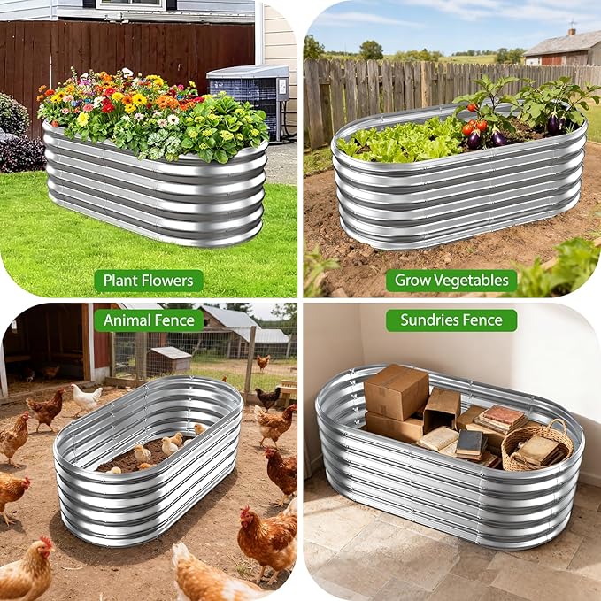 YSEJOMP 17" Tall Outdoor Garden Raised Garden Bed Kits, 4ft X 2ft Oval,0.8MM Thick Metal Raised Planter Bed/Ground Planter Box for Variety of Flowers,Herbs,Vegetables (Silver, 48X24X16.5 Inches)