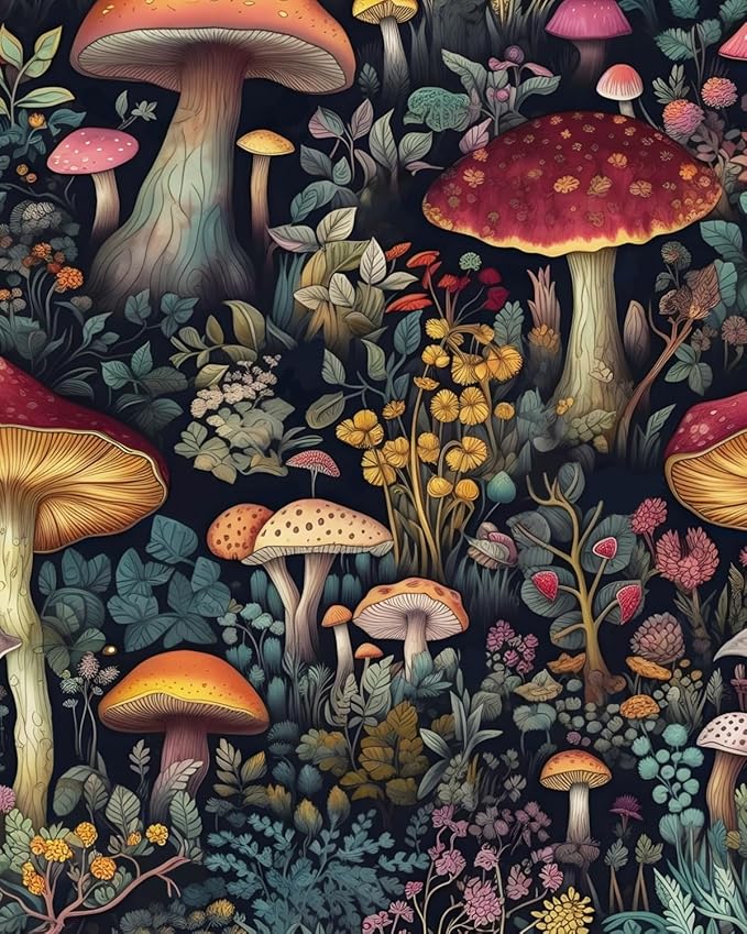 BOKEBEVE Black Colorful Mushroom Contact Paper Floral Wallpaper Peel and Stick